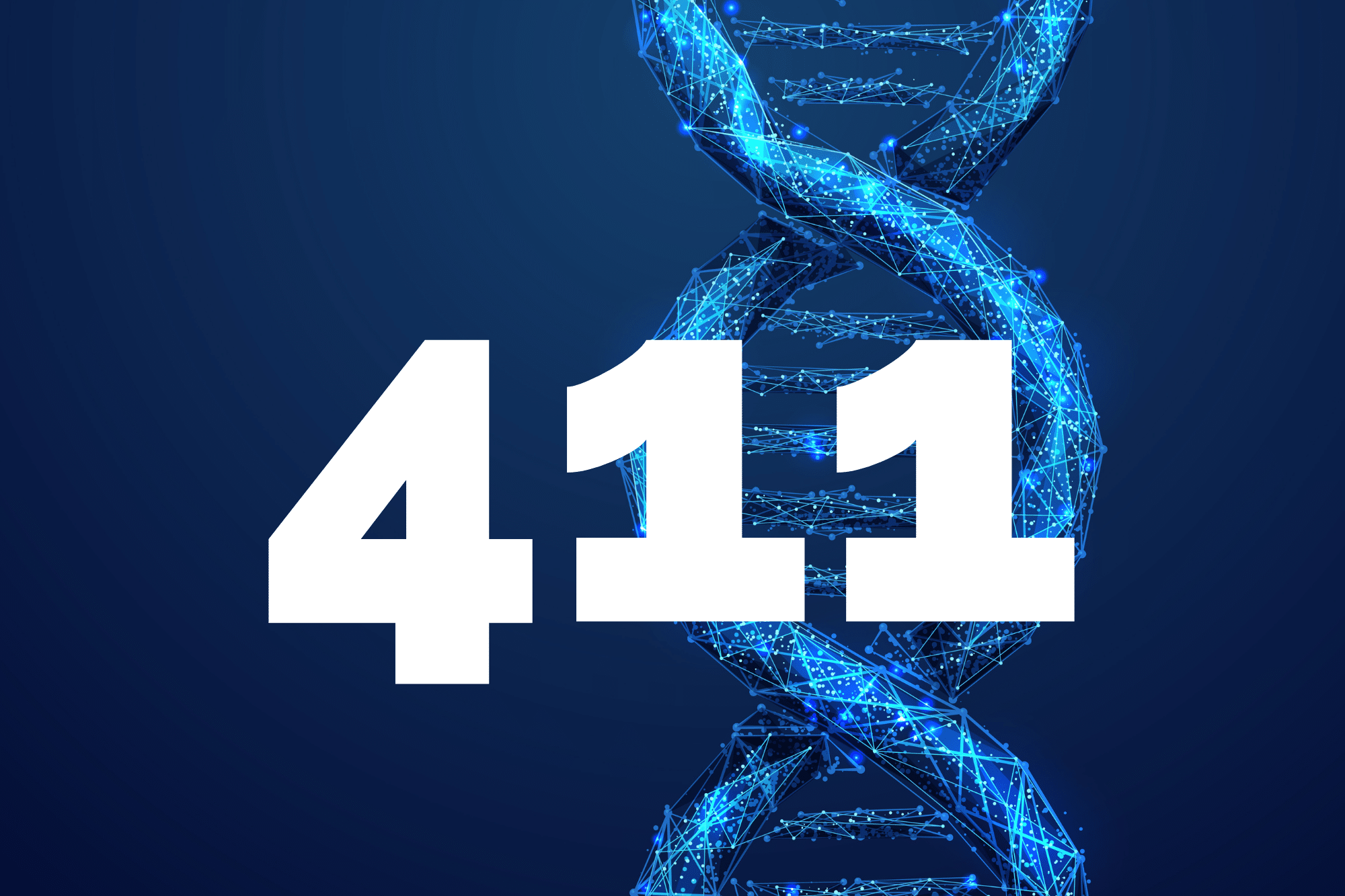 Blue digital DNA strand, number 411 overlay.