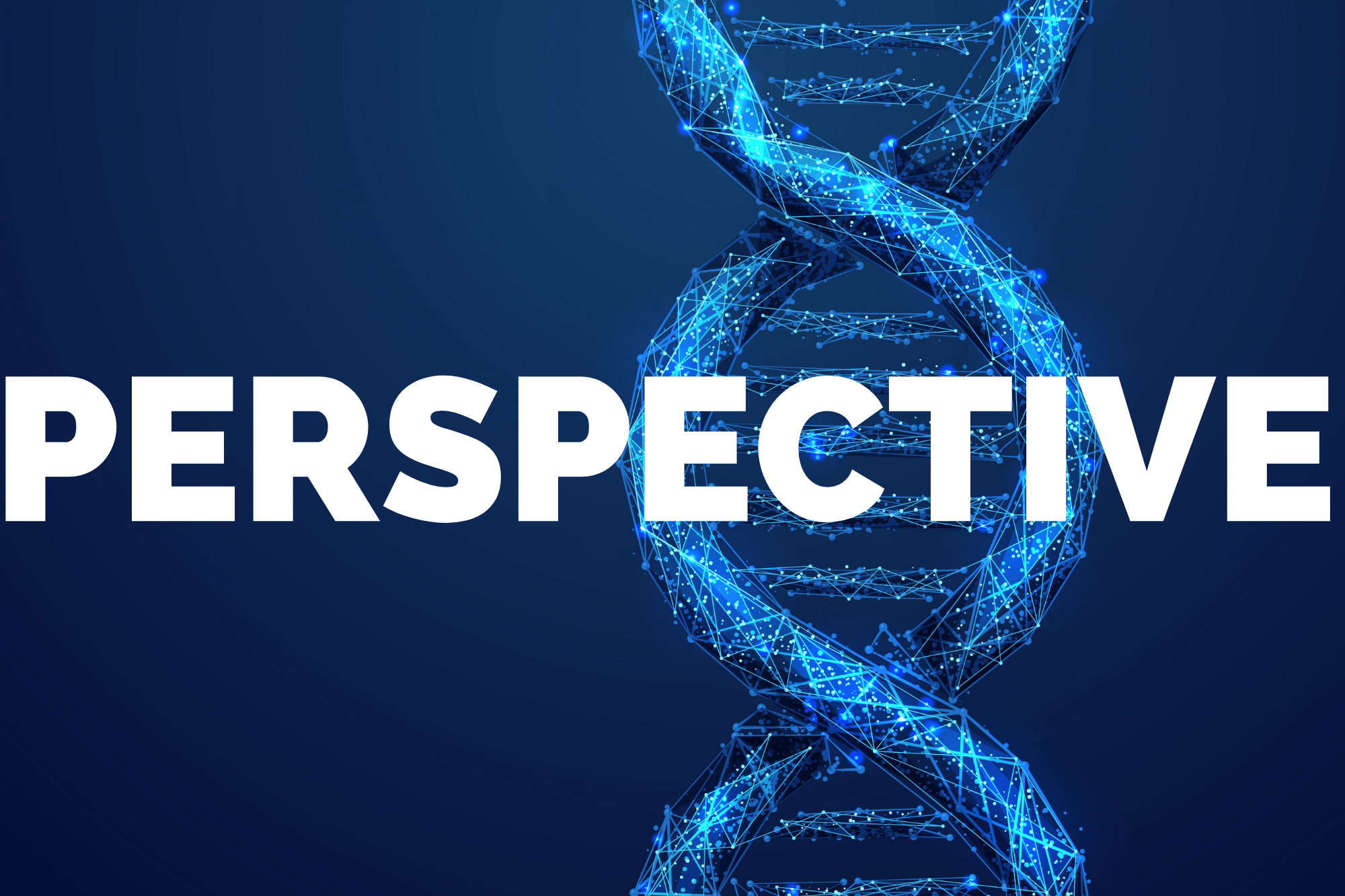 White PERSPECTIVE text over blue DNA strand background.