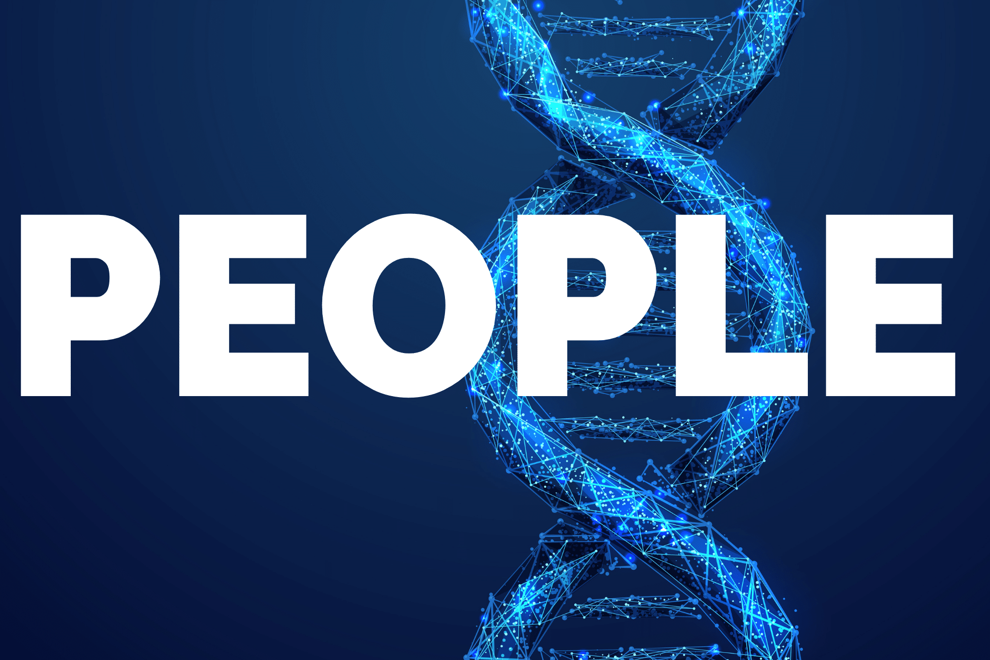 PEOPLE overlaid on digital DNA helix design.